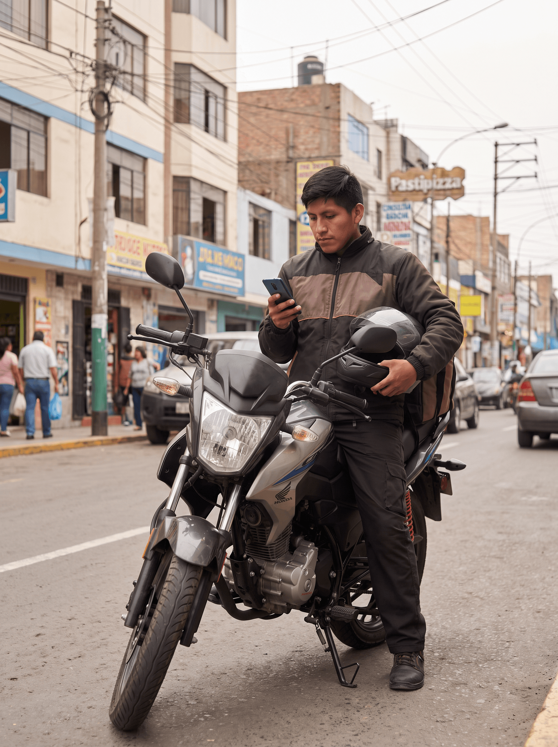 Motorizado revisando rutas y oportunidades de entrega